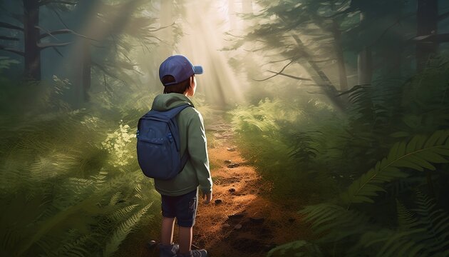 Young boy forest trail adventure created. Generative AI