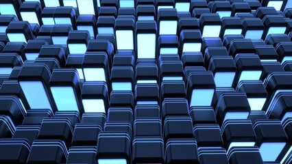 Naklejka premium 3d render. Dark background with abstract blocks on plane like devices with screen lighting with blue neon light.