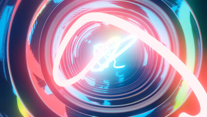 3d render. Neon ray flies in mirror room reflected in numerous mirrors. Abstract neon light in a shiny room.