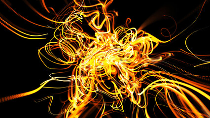 Beautiful curls. 3d render. Abstract beautiful background of glowing yellow flow of lines made of particles. Lines form abstract beautiful curls in space. Beautiful stream of bunch lines in motion.