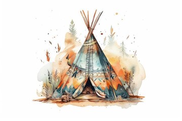 Hand drawn watercolor indigenous teepee, solitary white campground tent. Bohemian American wigwam. Bohemian teepee with arrows and feathers. Generative AI