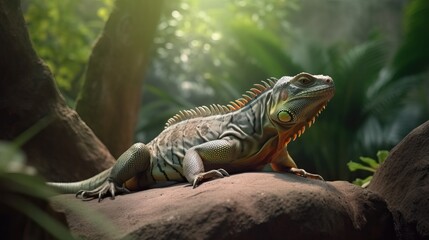 Obraz premium Green Iguana Sunbathing Warm Rock Tropical Jungle Generative AI