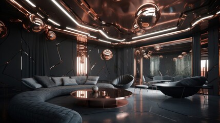 Rose Gold & Dark Gray: A Stunning Luxury Futuristic Interior with Unique Digital Art & Award-Winning Design in 8K HD Quality, Generative AI