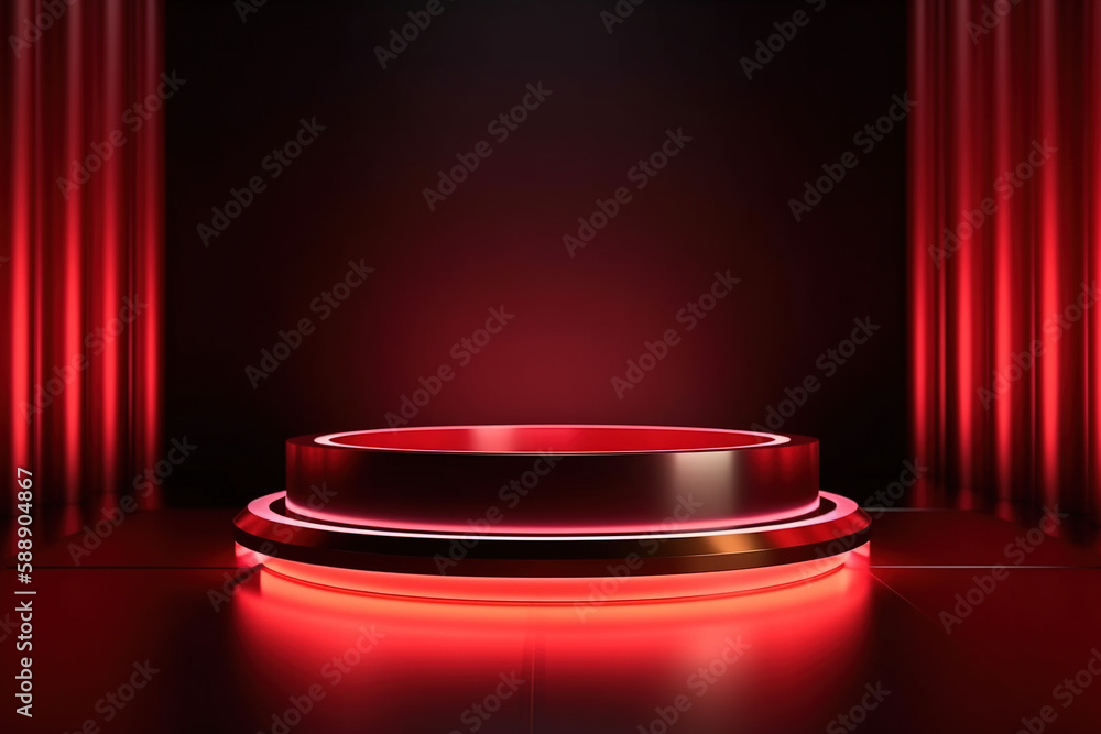Poster abstract shape for placing the product, behind a red curtain, created with generative ai