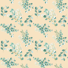 Fototapeta premium Seamless watercolor pattern with eucalyptus, gypsophila and pistachio branches on beige background. Can be used for gift wrapping paper, kitchen textile and fabric prints.