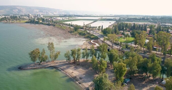 Aerial view of a lake shore line, Sea of Galilee, Israel.