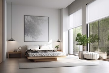 brand new interior with a white rack and a contemporary bed. and . Horizontal grouping. Generative AI