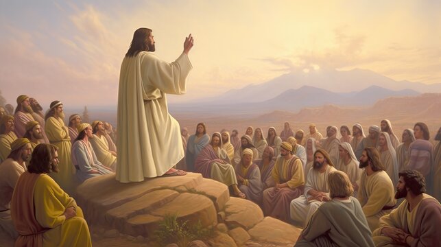 Jesus Speaking to Enthusiastic Crowd on Hill Impressive Illustration Generative AI