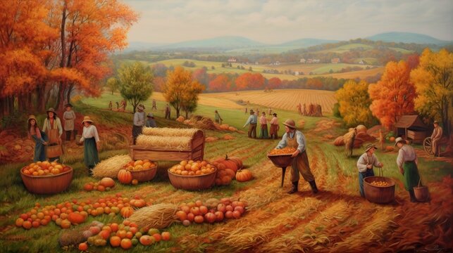 Farmer Pumpkin Field Autumn Oil Painting Rural Scenery Generative AI