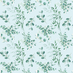 Seamless greenery watercolor pattern with eucalyptus, gypsophila and pistachio branches on blue background. Can be used for wedding prints, gift wrapping paper, kitchen textile and fabric prints.