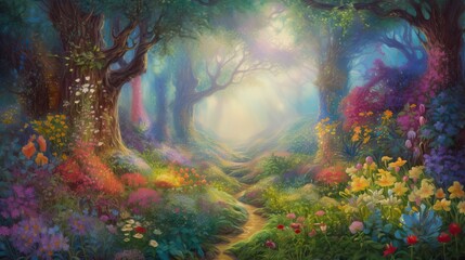 Fototapeta na wymiar Magical Fantasy Dream Forest Oil Painting Enchanted Woods Generative AI