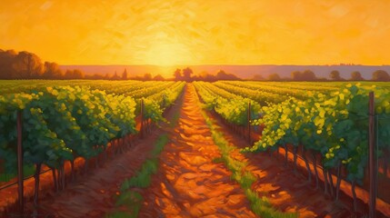 Lush Vineyard Rows Grapevines Farmland Sunset Oil Painting Scenic Winery Generative AI