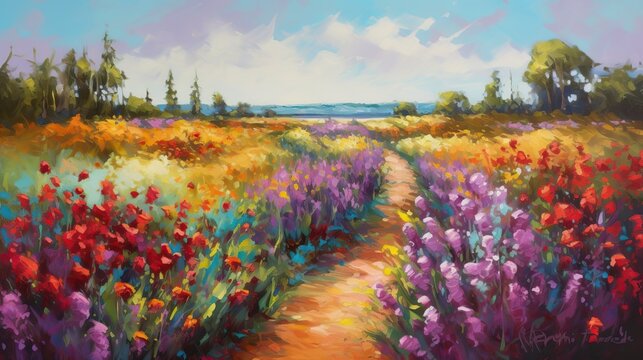 Path Beautiful Colorful Flower Field Oil Painting Serene Nature Generative AI