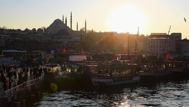 Sunset view of Istanbul Sultanahmet area from the Galata Bridge, Turkey