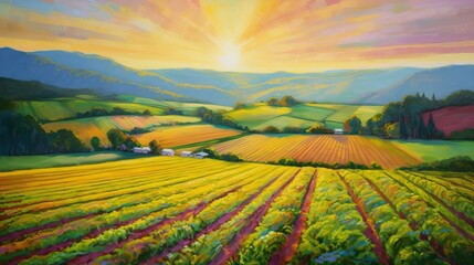 Idyllic Farming Farmland Sunset Oil Painting Lush Agricultural Land Generative AI