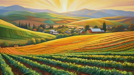 Beautiful Farming Farmland Sunset Oil Painting Tranquil Countryside Generative AI
