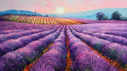 Naklejka na ściany i meble Rolling Purple Lavender Fields Oil Painting Vibrant Landscape Generative AI