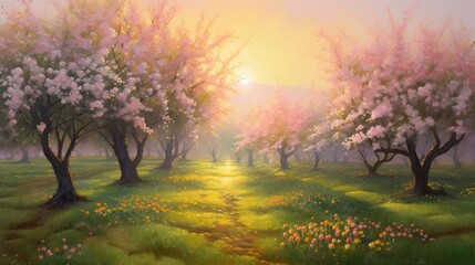 Beautiful Orchard Full Bloom Oil Painting Picturesque Scenery Generative AI