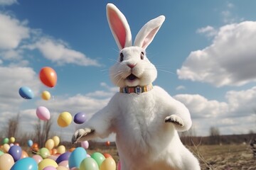 Naklejka na ściany i meble Huge white easter bunny and colored eggs outdoors made with generative AI