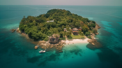 Fototapeta premium Beachfront Mansion on a Small Island: Soft Glow Exterior Shot