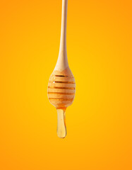 Flowing drops of yellow honey from a wooden stick on a yellow background