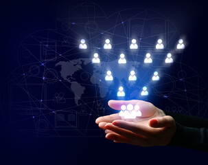 Two female hands and employees icons, recruitment concept, hierarchy in the company