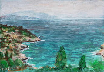 Fototapeta na wymiar Turkish seascape drawn with pastel pencils in cloudy weather overlooking the mountain. Illustration