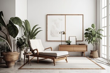 Fototapeta premium A minimalist living room design with a copy area, plant, vintage recliner, dried tropical leaf, decoration, and chic personal items. Template. Generative AI