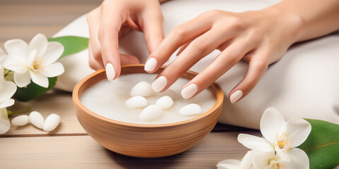 Obraz na płótnie Canvas Spa treatment and product for female feet and hand spa, Thailand. Classic white wedding nail manicure with flowers. Spa treatment concept. Natural hygiene.