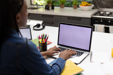African american teenager girl doing homework, using laptop with copy space