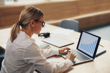 Professional woman financial analyst working on statistical statement on laptop in office