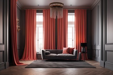 With a living coral sofa, ceiling backlit wood floor, door, and curtains, the room is modern classic gray. mockup for an illustration. Generative AI