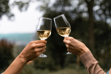Couple enjoying glass of wine together outdoors  