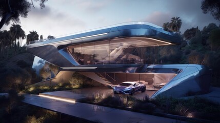 Futuristic Living: A Geometric Home with Automated Interior, Robotic Assistants, and Elevated Platform for Electric Car, Generative AI