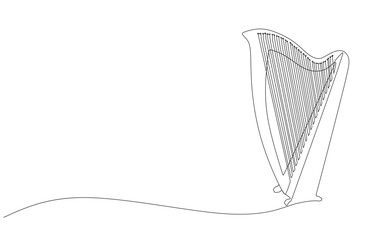 One line drawing of harp musical instrument. continuous line drawing musical acoustic instrument harp with strings. Vector illustration
