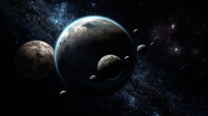 A planet with multiple moons in orbit Generative AI