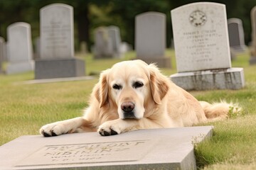dog in cemetery, lying on a grave, Generative AI