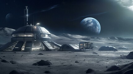 Fototapeta na wymiar A moon base with a beautiful Earthrise in the background Generative AI