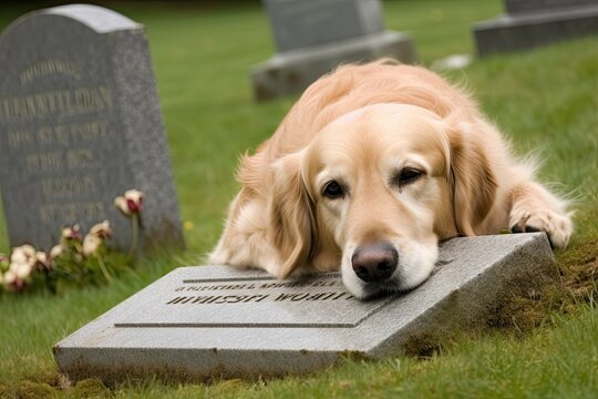 dog in cemetery, lying on a grave, Generative AI