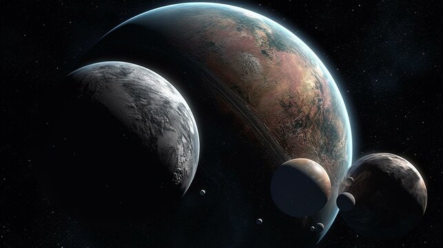 A planet with multiple moons in orbit Generative AI