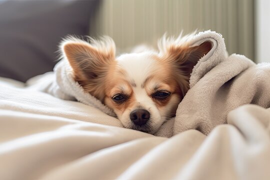 Cute chihuahua puppy in bed, Generative AI