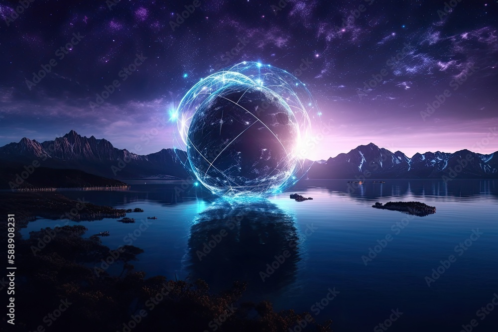 Poster an example of a future fantasy setting with a freezing planet and neon lights. generative ai