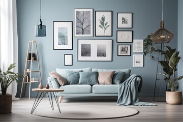 a monochromatic light blue gallery wall with furniture and plants, a flat colored inside space with a poster showcase and five frames on the wall. Generative AI