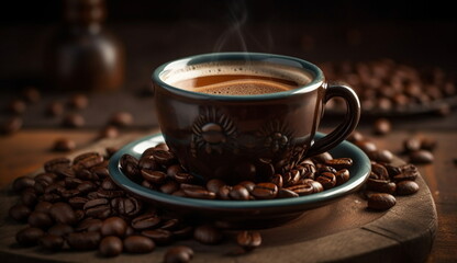 An espresso black coffee brewed in a cup. Based on Generative Ai.