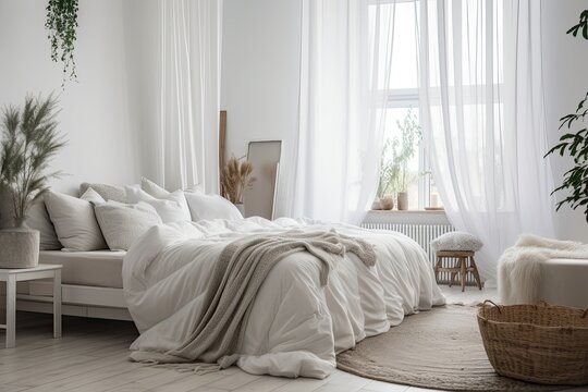 Contemporary white Skandinavian bedroom with bed and flowing white drapes. Boho bedroom with comfy bed and cushions, copy space. Generative AI