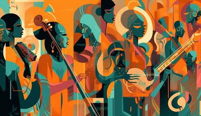 illustrations of a group of people playing music in a concert with flat art graphic style. Based on Generative Ai.