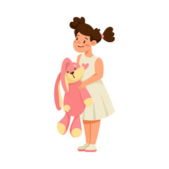 Little Girl Standing with Bunny and Listening to Fairytale Vector Illustration