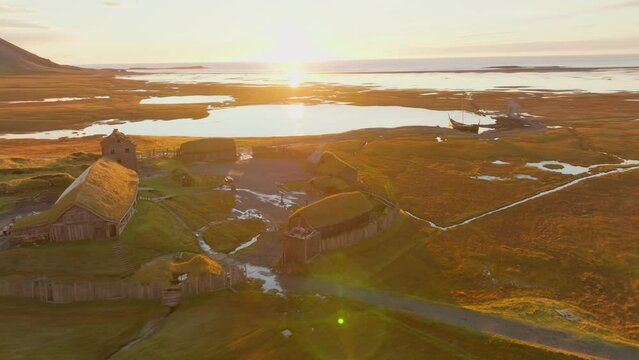 Aerial view of a Viking village along the lake in Austurland, Iceland.