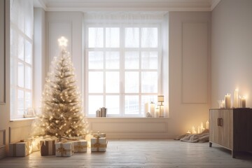 bright contemporary living room Scandinavian inspired holiday décor. Nice Christmas tree with present boxes and lighting. in front. blank, beige wall mockup. excellent illustration. Generative AI