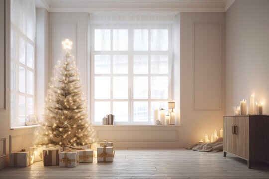 bright contemporary living room Scandinavian inspired holiday décor. Nice Christmas tree with present boxes and lighting. in front. blank, beige wall mockup. excellent illustration. Generative AI